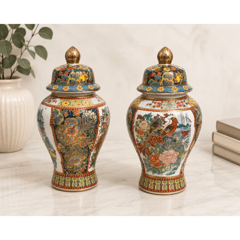 Vintage Satsuma Style Ginger Jar Vases Set of 2  Lidded Asian Chinoiserie Decor
